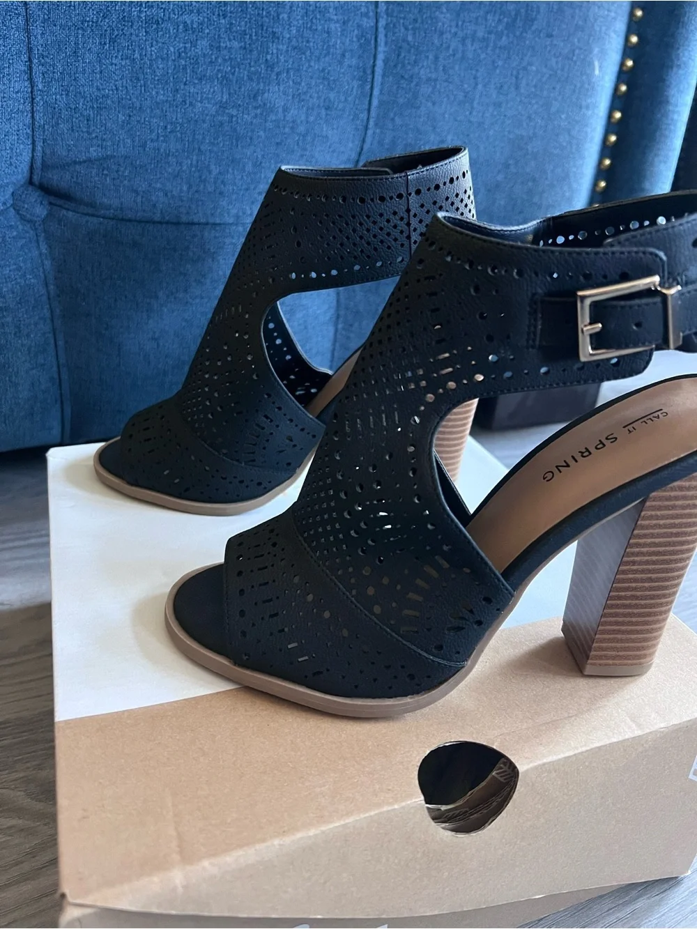 Call It Spring Black Peep-Toe Ankle Heeled Sandals